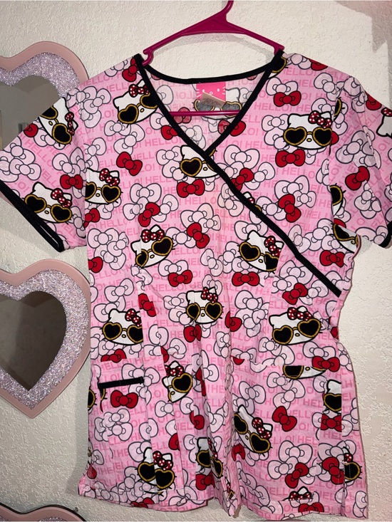 Hello Kitty Tops - Hello Kitty Pink Short Sleeve V-Neck Scrub Top with Sunglasses Graphic